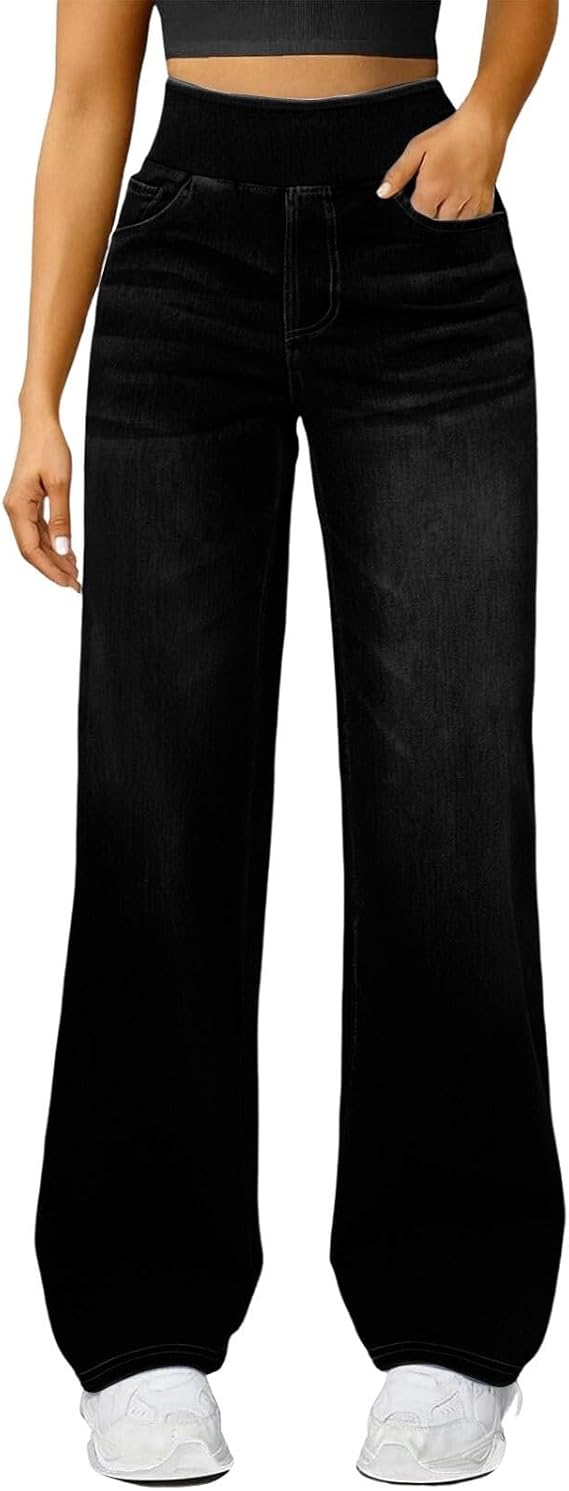 Women’s High-Waisted Pull-On Wide-Leg Stretch Palazzo Jeans with Pockets