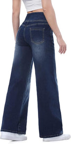 Women’s High-Waisted Wide-Leg Stretch Jeans – Tummy Control Baggy Denim Pants