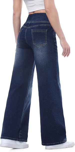Women’s High-Waisted Wide-Leg Stretch Jeans – Tummy Control Baggy Denim Pants