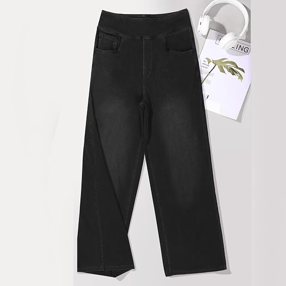 Women’s High-Waisted Pull-On Wide-Leg Stretch Palazzo Jeans with Pockets