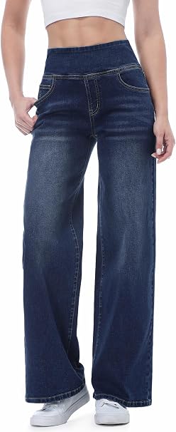 Women’s High-Waisted Wide-Leg Stretch Jeans – Tummy Control Baggy Denim Pants