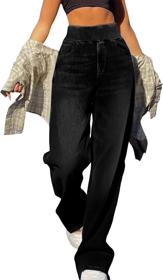 Women’s High-Waisted Pull-On Wide-Leg Stretch Palazzo Jeans with Pockets
