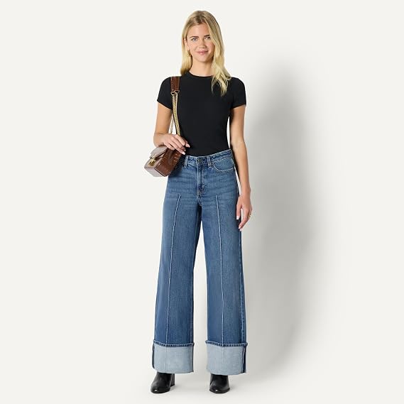 Women’s Cuffed Wide-Leg Jeans – Stretch Vintage Denim with Pintuck Detail