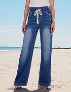 Women’s High-Waisted Pull-On Stretch Wide-Leg Drawstring Denim Jeans