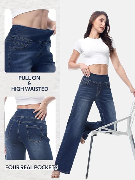 Women’s High-Waisted Wide-Leg Stretch Jeans – Tummy Control Baggy Denim Pants
