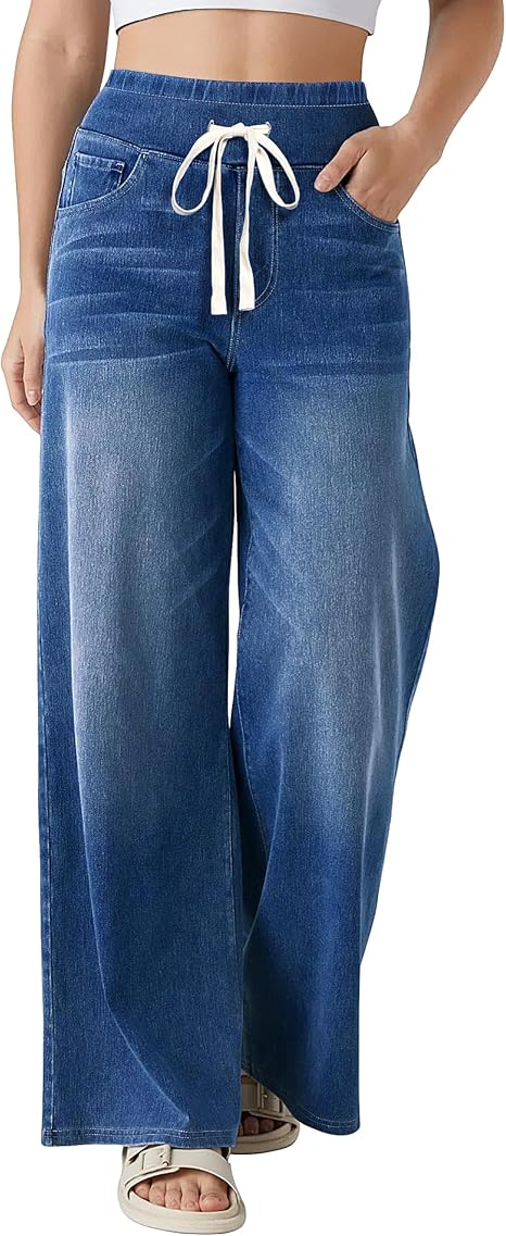 Women’s High-Waisted Pull-On Stretch Wide-Leg Drawstring Denim Jeans