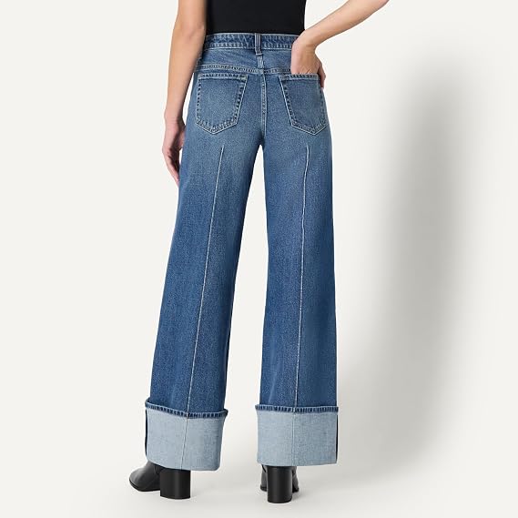 Women’s Cuffed Wide-Leg Jeans – Stretch Vintage Denim with Pintuck Detail