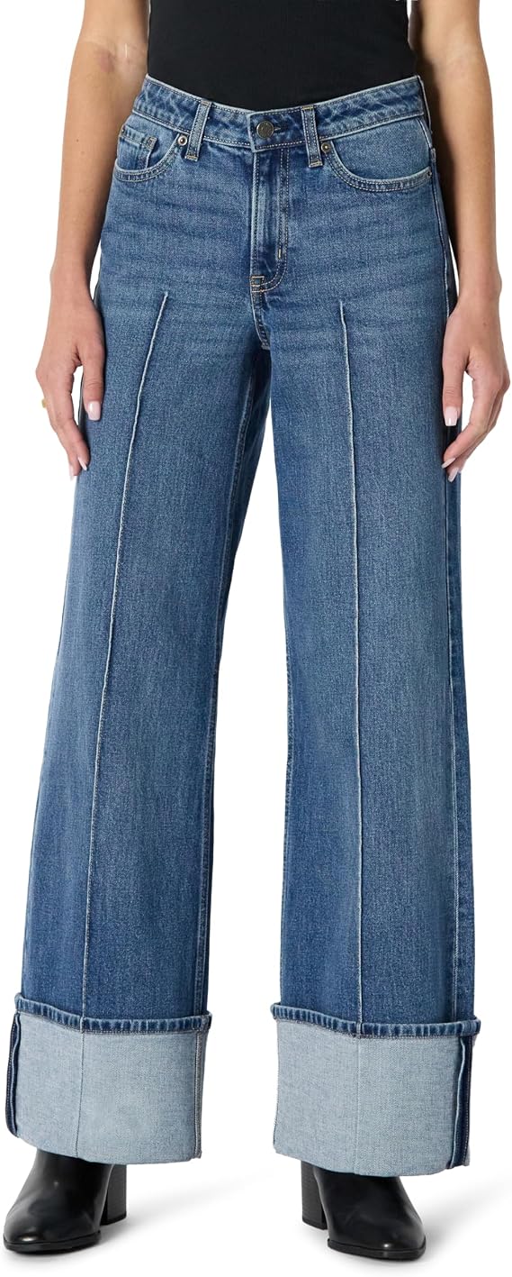 Women’s Cuffed Wide-Leg Jeans – Stretch Vintage Denim with Pintuck Detail