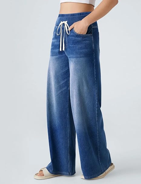 Women’s High-Waisted Pull-On Stretch Wide-Leg Drawstring Denim Jeans