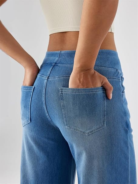 Women’s High-Waisted Pull-On Wide-Leg Stretch Jeans with Pockets