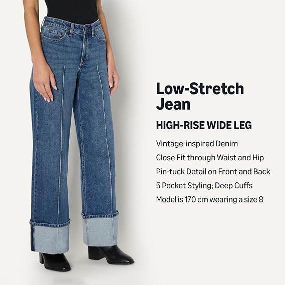 Women’s Cuffed Wide-Leg Jeans – Stretch Vintage Denim with Pintuck Detail